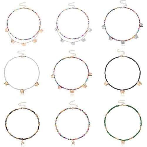 Butterfly Pendant Fashion Beads Women Choker Statement Necklace On Neck Bohemian Style Handmade Punk Chains Chocker Necklace