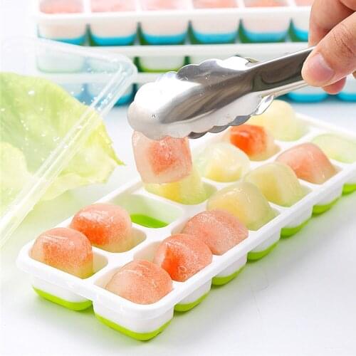 2 Colors 14-Hole Silicone Ice Cube Mold Tray with Rectangle-shape Ice Jelly Moulds with Lid Ice Cream Tools