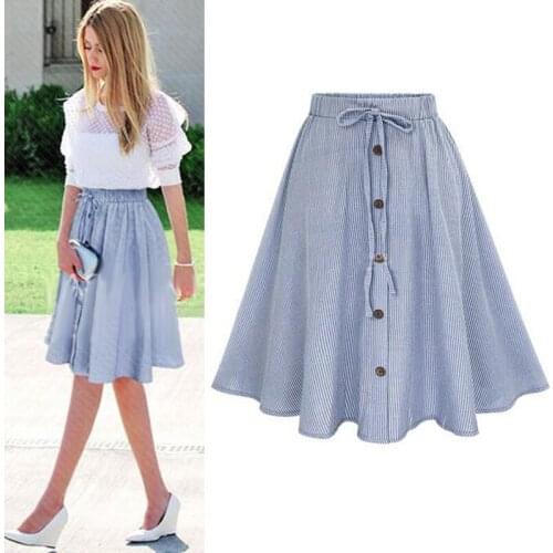 New Women Summer Skirt Vintage Stripe Print Lace-up Button High Waist Skirts Gown Pleated Midi Knee-length Skirts