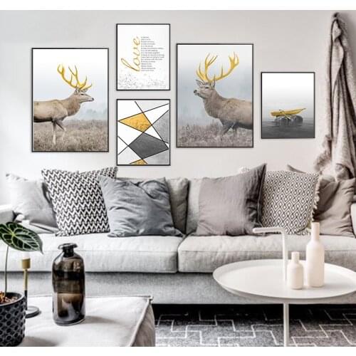 Gold Deer Geometry Pattern Yellow Boat Landscape Picture Nature Scenery Scandinavian Posters Prints Wall Art Canvas Paintings