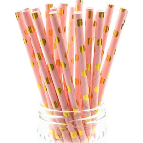 200 pcs Metallic Gold Foil Polka Dot Light Pink Paper Straws-Kids Girl Baby Shower Wedding Birthday Party Drinking Decorative
