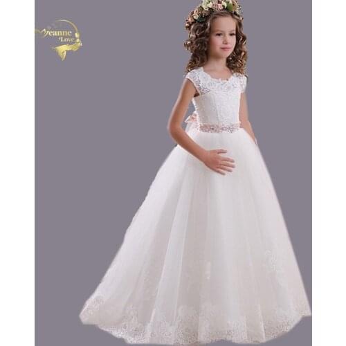 2020 Princess White Lace Flower Girl Dresses Cap Sleeves Cut Out Backless Sweep Train For Wedding Prom Communion Dresses Vestido