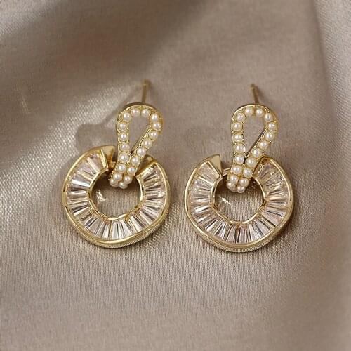 2021 Korea New Design Fashion Jewelry 14K Real Gold Plated AAA Zircon Round Earrings Luxury Shiny Pearl Womens Wedding Earring