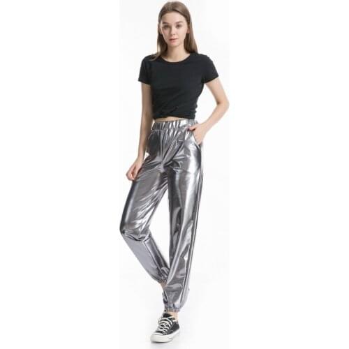 Wendywu Sexy Women PU Faux Leather Holographic Pants Bling Hip Hop Trousers Sparkle Casual High Street Pants
