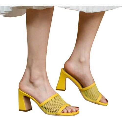 Black Yellow White Beige PU Leather Summer Women High Heel Shoes Open Toe Square High Heel Women Slipper Dress Womens Shoes