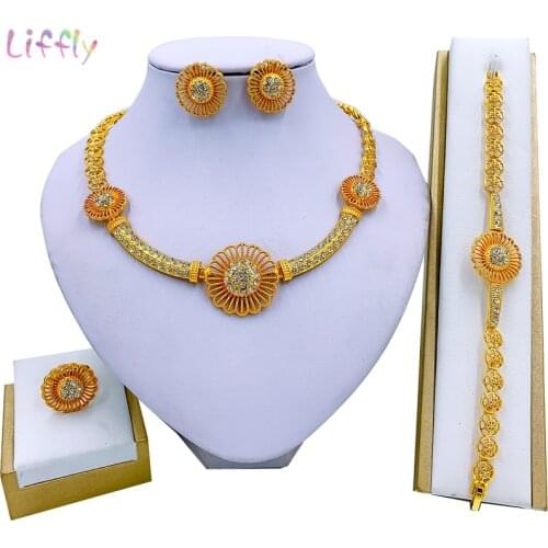 Dubai Charm Bridal Round Ring Gift Crystal Bracelet Hollow Earrings for Women Big Necklace Wedding Fashion Jewelry Sets