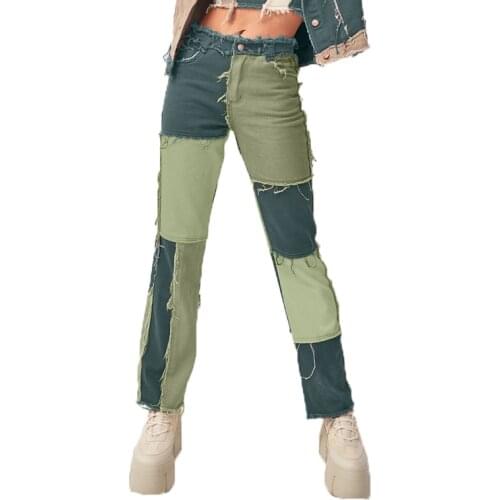 Two Tone Patchwork Jeans Women Fashion Tassel High Waist Baggy Jeans Womens 90s Casual Loose Denim Straight Leg Pants