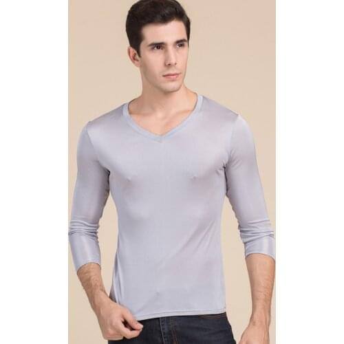 Autumn and winter new mens silk double knitting V-Neck long sleeve T-shirt mulberry silk mens top large base coat 7048