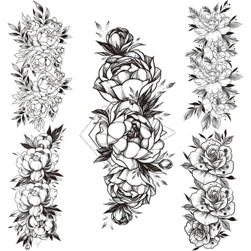 Geometric Camellia Fake Temporary Tattoo For Women Black Lily Flowers Tattoos Sticker Large Peony Water Transfer Tatoo Body Art