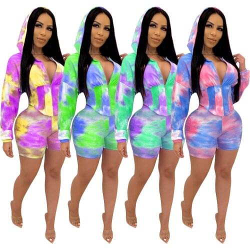 Tie-dye Print Two Piece Set Zip Up Hoodies Sweatshirt and Skinny Shorts Leisure Wear Tracksuit Sporty 2 Pcs Outfits Plus Size