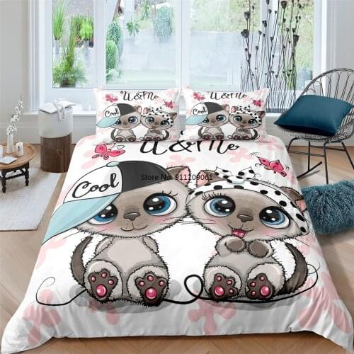 Cute Cat King Queen Bedding Set 2-3pcs Animal Print Duvet Cover for Kids Adult Bedclothes and Pillowcase Quilt Comforter Covers