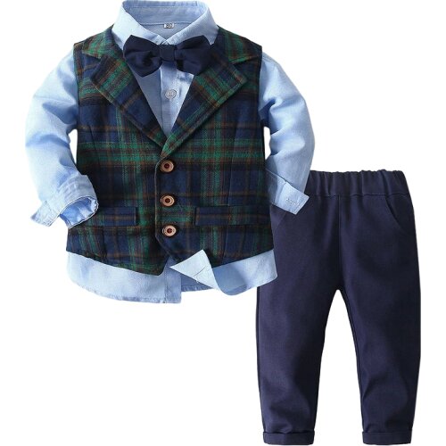 Spring&Autumn Baby Boy Gentleman Suit Shirt with Bow Tie+Striped Vest+Trousers 3Pcs Formal Kids Clothes Set