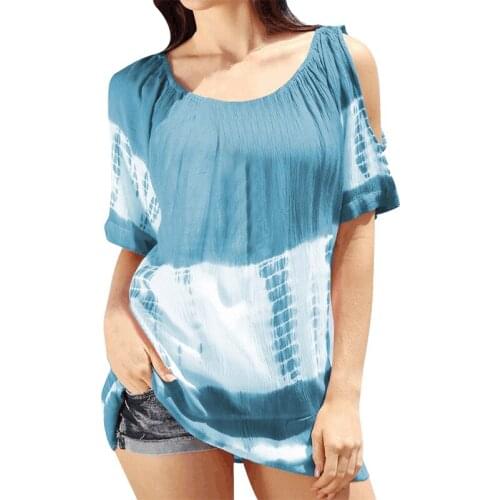 Summer New Womens Fashion Sexy Off Shoulder Tie Dyed Round Neck Short Sleeve Loose Top
