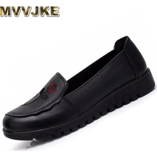 MVVJKE Flats Women Genuine Leather Loafers Embroider Casual Shoes Resistant Non-slip Flat Shoes Woman Spring / Autumn