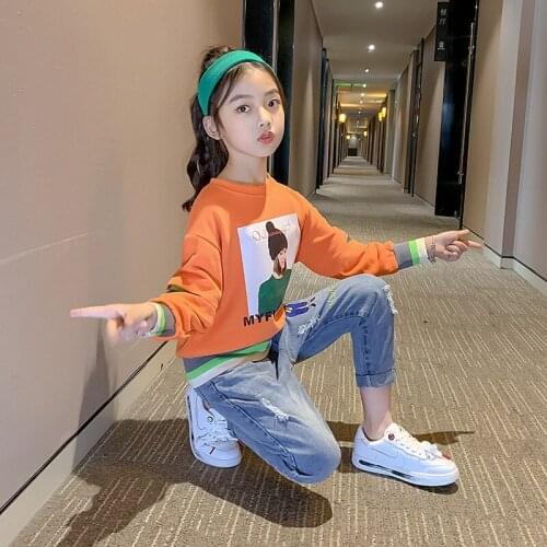 New Sport Jean Pants Spring Summer Girls Clothing Suits Hoodies Sweatshirts Kids Teenager Outwear Two Piece Beach High Quality