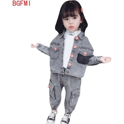 Baby Girls Clothes Sets 1-7 Years Old Spring and Autumn 2-pieces-sets Denim Large Pocket Wash Color Button Printing