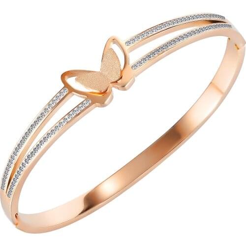 CYUE Wholesale European Rose Delicate butterfly Stainless Steel Bangle With Pave AAA Zircon For Women Fashion Jewelry Gift B018