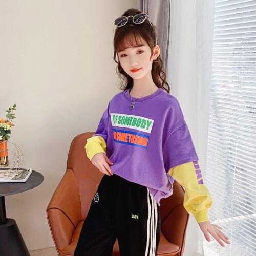Girls Tops Long Sleeve T-shirts Girls Fake Two-piece Letter Print Outerwear Spring Autumn Teenage Kids Sweatshirt 8 9 10 12 Year