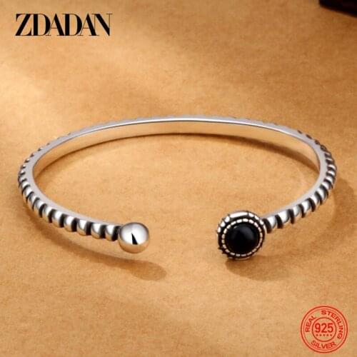ZDADAN 925 Sterling Silver New Fashion Jewelry Black Agate Open Bangle &Bracelet For Women Wedding Jewelry Gift