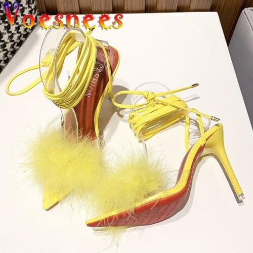 Voesnees Women Sandals 2021 New Sexy Transparent Fur High-Heel Shoes Summer Female Ankle Strap Pointed Toe 11CM Stiletto Shoes