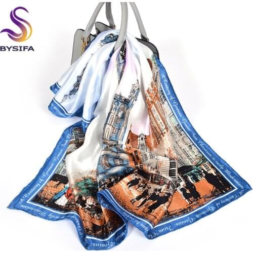 [BYSIFA] Blue White Women Silk Scarf Shawl New City Oil Painting Letters Design 100% Silk Square Scarves Brand Neck Head Scarf