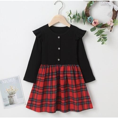 Winter 2021 Girls Dress Cotton Long Sleeve O Neck Patchwork Red Plaid Bodycon Cute Streetwear Dresses Vestidos 18M-6T