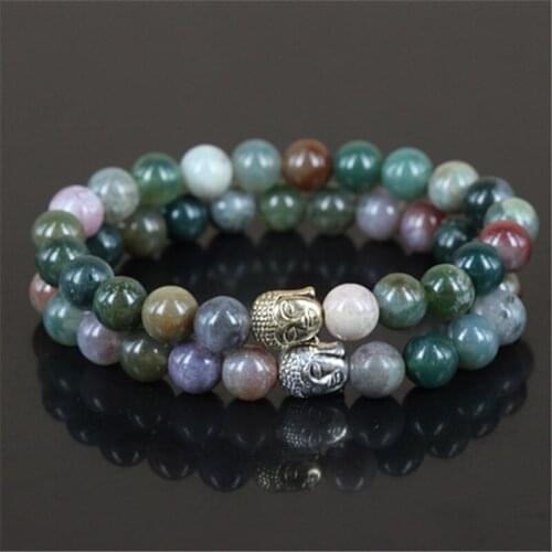 2pcs natural India stone stone round beads charm women bracelet mercy two color buddha head men stretch bracelet