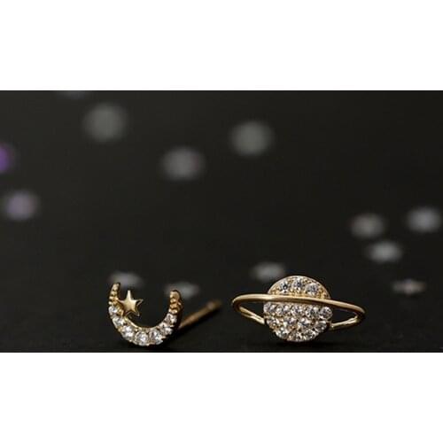 Binmonray 925 Sterling Silver Micro Zircon Inlaid Asymmetric Moon Planet Ear Studs for Women Simple Exquisite Party Jewelry Gift