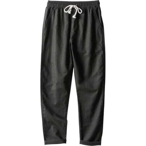 Linen Pants Men Casual Solid Color Elastic Waist Straight Loose Trousers Summer Breathable Drawstring Male Clothing