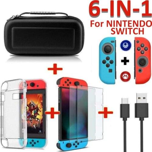6 in 1 game accessory set Black red blue For Nintend Switch Travel Carrying Bag Screen Protector Case Charging Cable