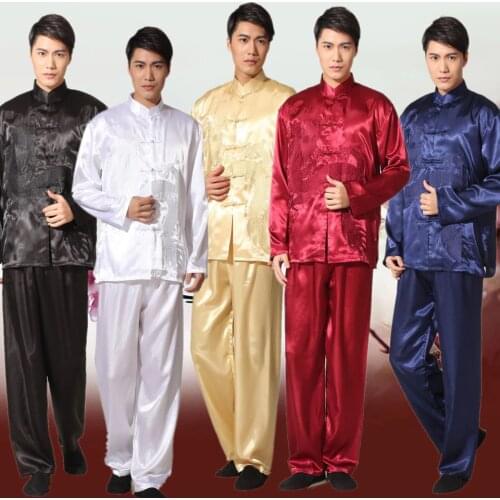 Black Chinese Traditional Mens Satin Kung Fu Suit Vintage Embroidery Dragon Tai Chi Wushu Uniform Clothing S M L XL XXL 011320