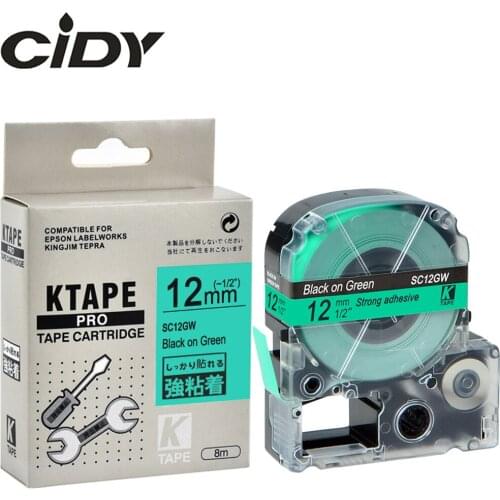 CIDY 20 ROLLS compatible SC12GW/LC4GBW LC-4GBW9 12MM black on green strong adhesive label ribbon for KingJim machine LW300 LW400