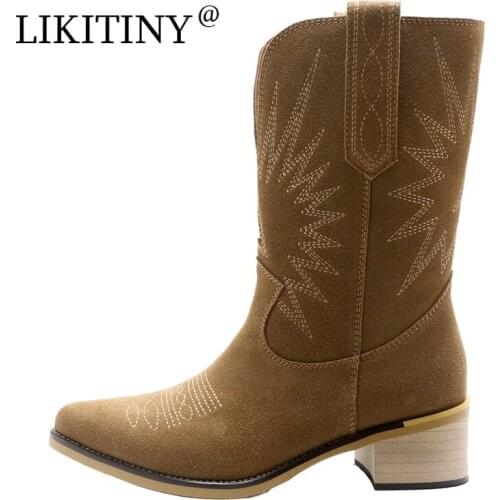 LIKITINY 2021 Spring Autumn Pointed toe Womens shoes Genuine leather Brown Black Suede slip on square heels Half boots size 40