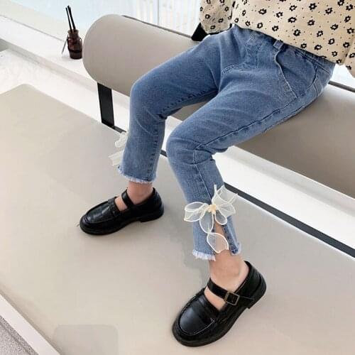 Childrens Jeans Pants Spring Autumn New Baby Girls Korean Slim Split Jeans Casual Solid Bow-knot Denim Trousers for Girls 2-8 Y