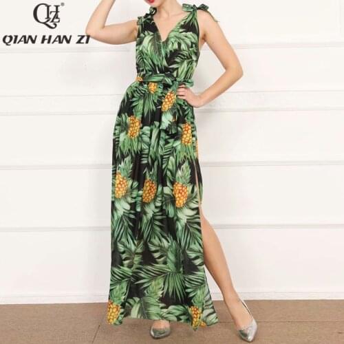 Qian Han Zi designer fashion summer long dress Women sexy V-neck Amazing pineapple leaf print green casual beach maxi dress