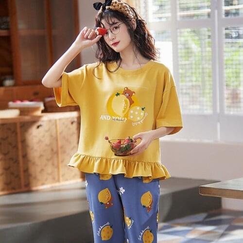 Homewear Summer Pajamas Set Cotton Short Sleeve Plus Size Cute Cartoon Yellow Womens T-shirts Loose Calf-length Pants Sleepwear