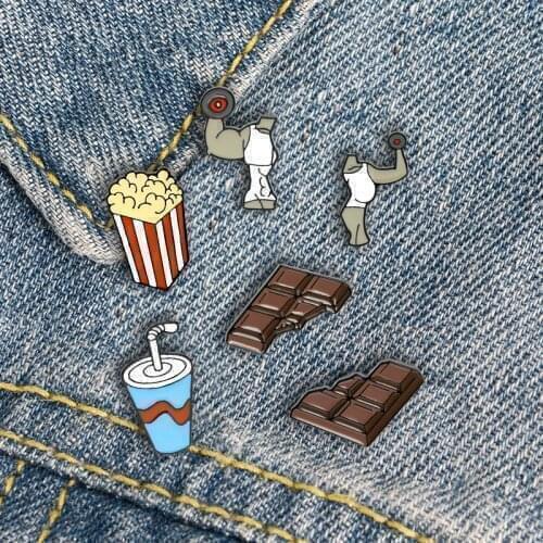 Fitness Exercise Enamel Pins Biceps Cola Popcorn Chocolate Brooches Badges Fashion Lapel Pin Jewelry Gifts for Friends Wholesale