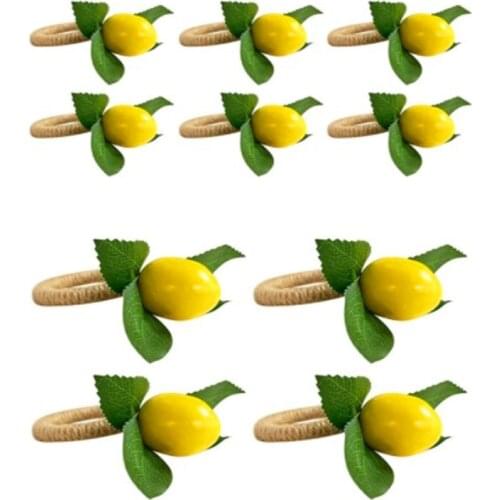 4/6Pcs Handmade Napkin Rings Faux Yellow Lemon Fruit with Vine Leaf Serviette Buckle Holder for Wedding Party Decoration