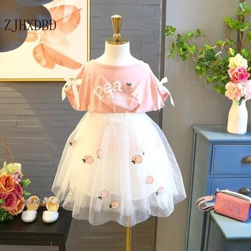 2020 Girls Clothes Sets Children Clothing Summer Fashion Students Pink T-Shirt + Strawberry Dress 2 Pcs Suit Baby Kids Clothes
