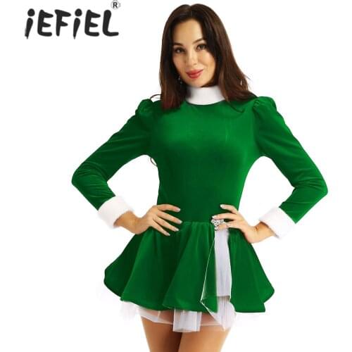 IEFiEL Women Adults Winter Christmas Dance Costume Figure Ice Skating Ballet Dance Performance Velvet Gymnastics Leotard Dress