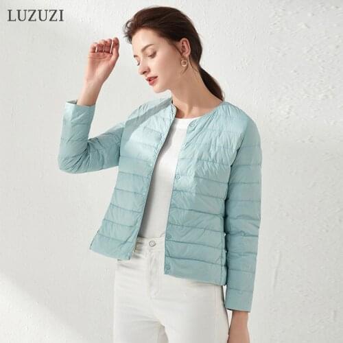 LUZUZI 2021 new down jacket womens light and thin short round neck white duck down liner Korean fashion all-match overcoat