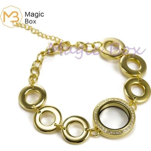 Waterpoof 25mm crystal 316L Stainless Steel Gold and chocolate living memory locket bracelet adjustable