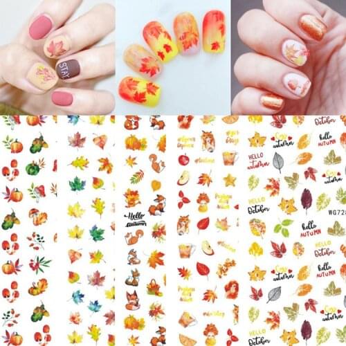 1Sheet Fall Gold Maple Leaves Nail Sticker Pumpkin Turkey Flower Autumn Design Slider Decals Water Transfer Manicure decoration