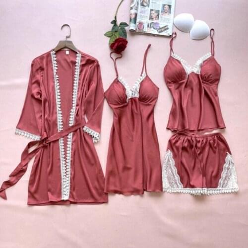 Satin Faux Silk Sleepwear 4PCS Women Pajamas Set Lounge Wear Sexy Kimono Bathrobe Gown Lace Patchwork Lingerie Home Clothes