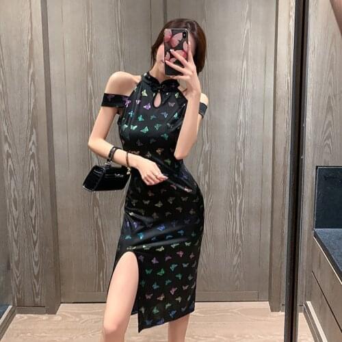 Chinese Dress Qipao Women Summer Chic Vintage Cheongsam Sexy Notched Womens Dresses Mujer Harajuku Slim Black Ladies Qipao 12753