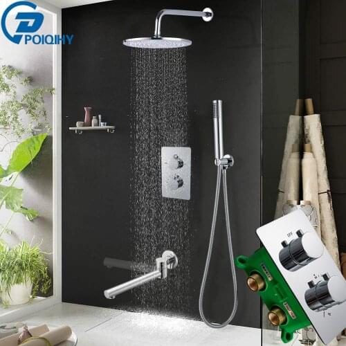 POIQIHY Chrome Shower Faucets 8/10/12/16" Rainfall Shower Head Bath Shower Set Diverter 3 Ways Thermostatic Valve Shower System