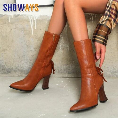 Plus Size Winter Women Mid-calf Boots Black Brown PU 9cm High Chunky Heel Casual Party Lady Pointed Toe Plush Zipper Half Boots