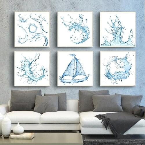 Crystal Water Drop Sailboat Birds Fish Abstract Canvas Painting Wall Art Poster and Prints Painting Wall Pictures Room Decora