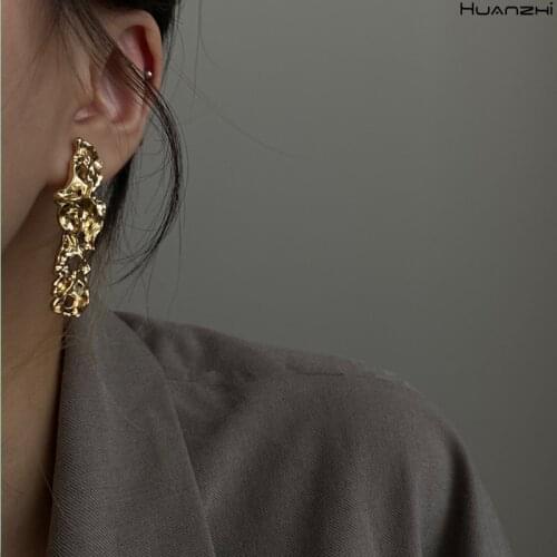 HUANZHI 2021 New Trendy Punk Gold Silver Color Irregular Metal Geometric Hollow Tin Foil Drop Earrings for Women Girls Jewelry