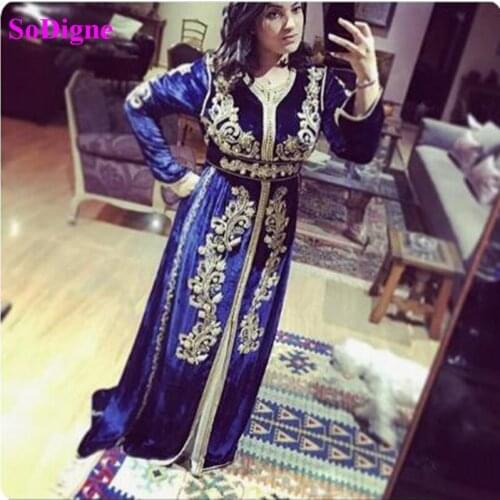 SoDigne Moroccan Formal Caftan Evening Dresses Beads Hand Work Lace Appliques Muslim velvet Evening Gowns Arabic Prom Dress